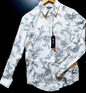 Blusa / Camisa de Vestir con Manga Larga, Botones y Estampado Azul- Talla Chica