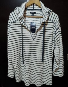 Sudadera de Mujer con Gorro - Cuello V con Cordones - Color Crema con Rayas Azul Marino - Talla EG